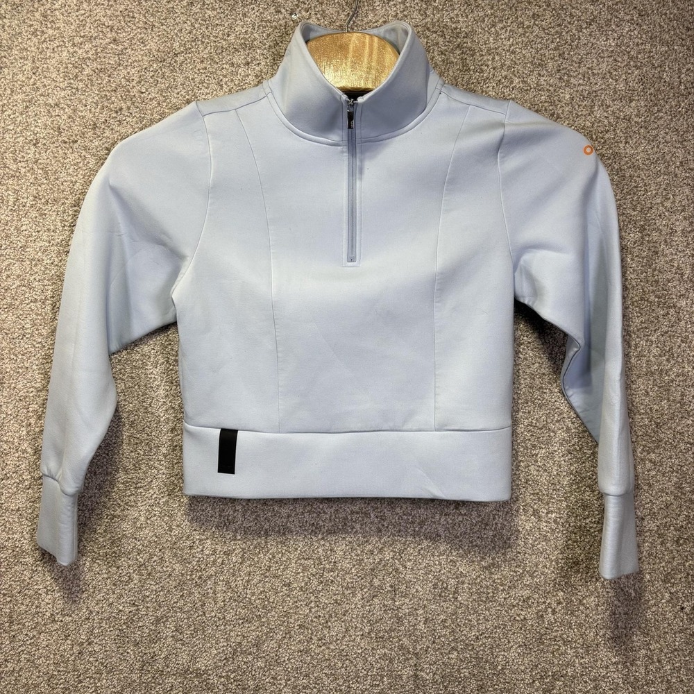 UNRL Womens Blue 1/4 Zip Mock Neck Cropped Sweatshirt Optum Logo Small
